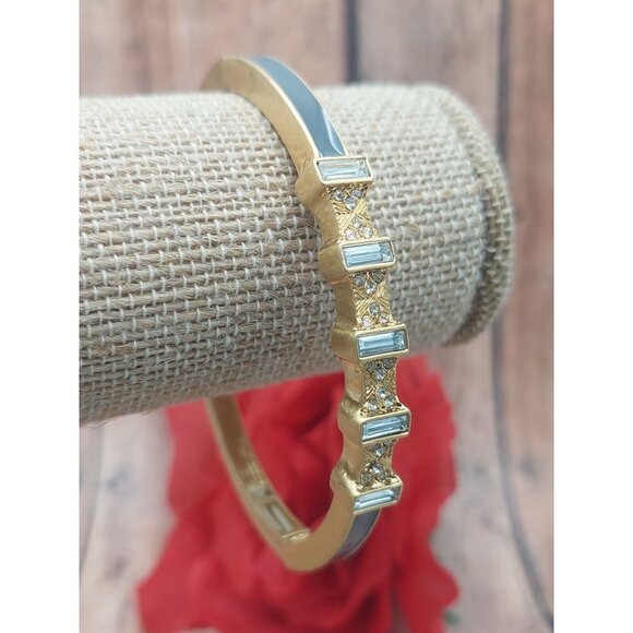 Lia Sophia Gray Enamel Gold Tone Stretchable Bangle Bracelet Baguette Crystals - Picture 7 of 12